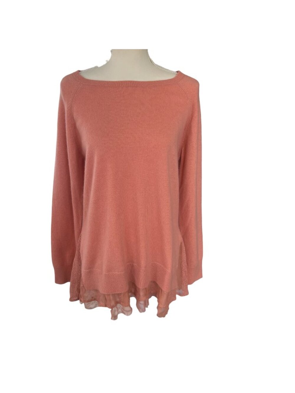 Garnet Hill Lace Shirttail 100% Cashmere Sweater Coral Pink Size Large